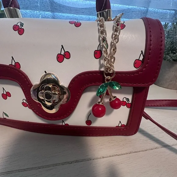 NWOT - Cherry Print Shoulder Mini Bag with Cherry Bag Charm - Picture 4 of 8